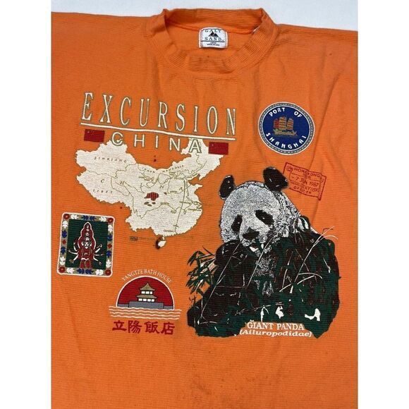 VINTAGE Excursion China Giant Panda Graphic T-shirt Men Large Orange USA 90s - Picture 2 of 11
